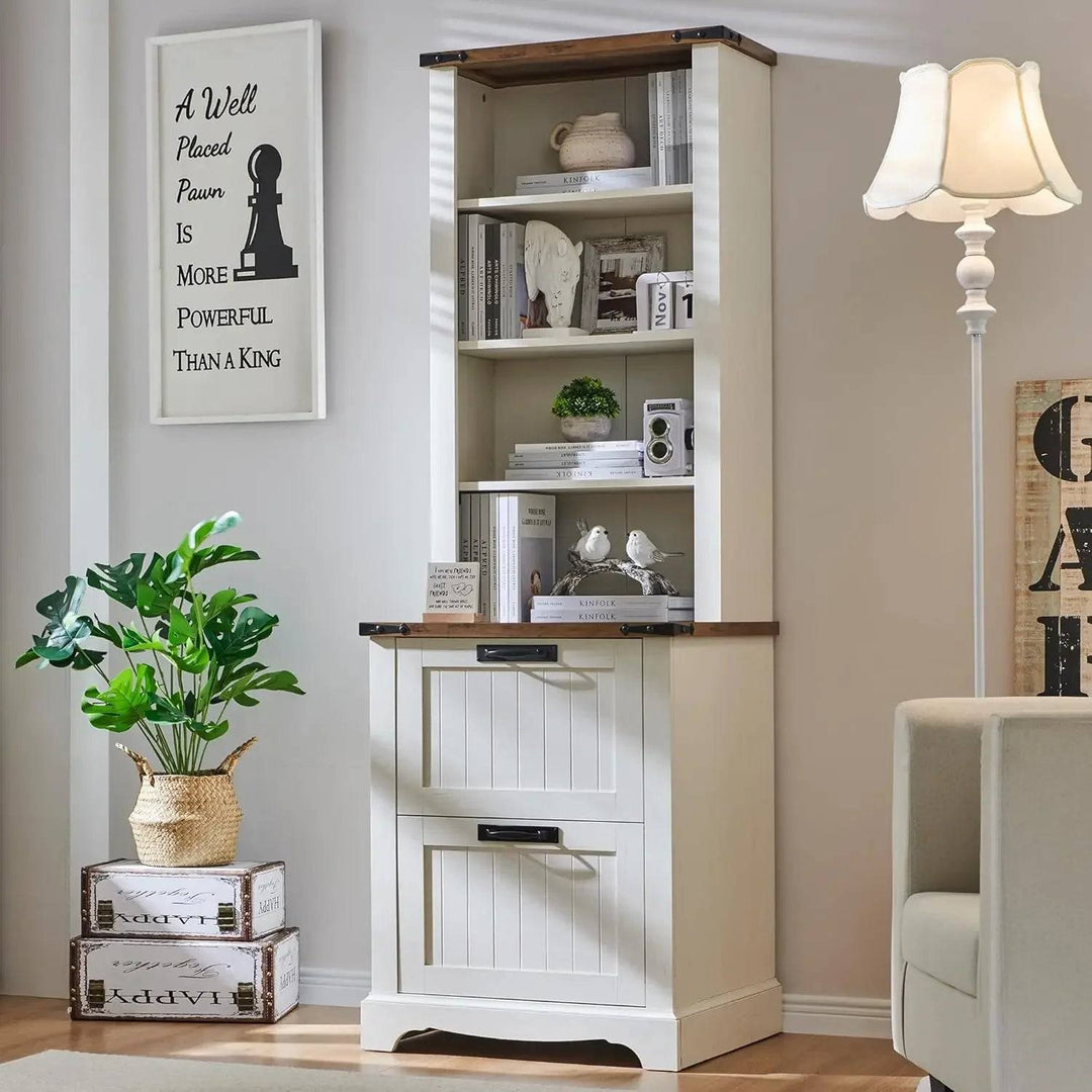 Farmhouse Style Rustic Bookcase with 2 File Drawers