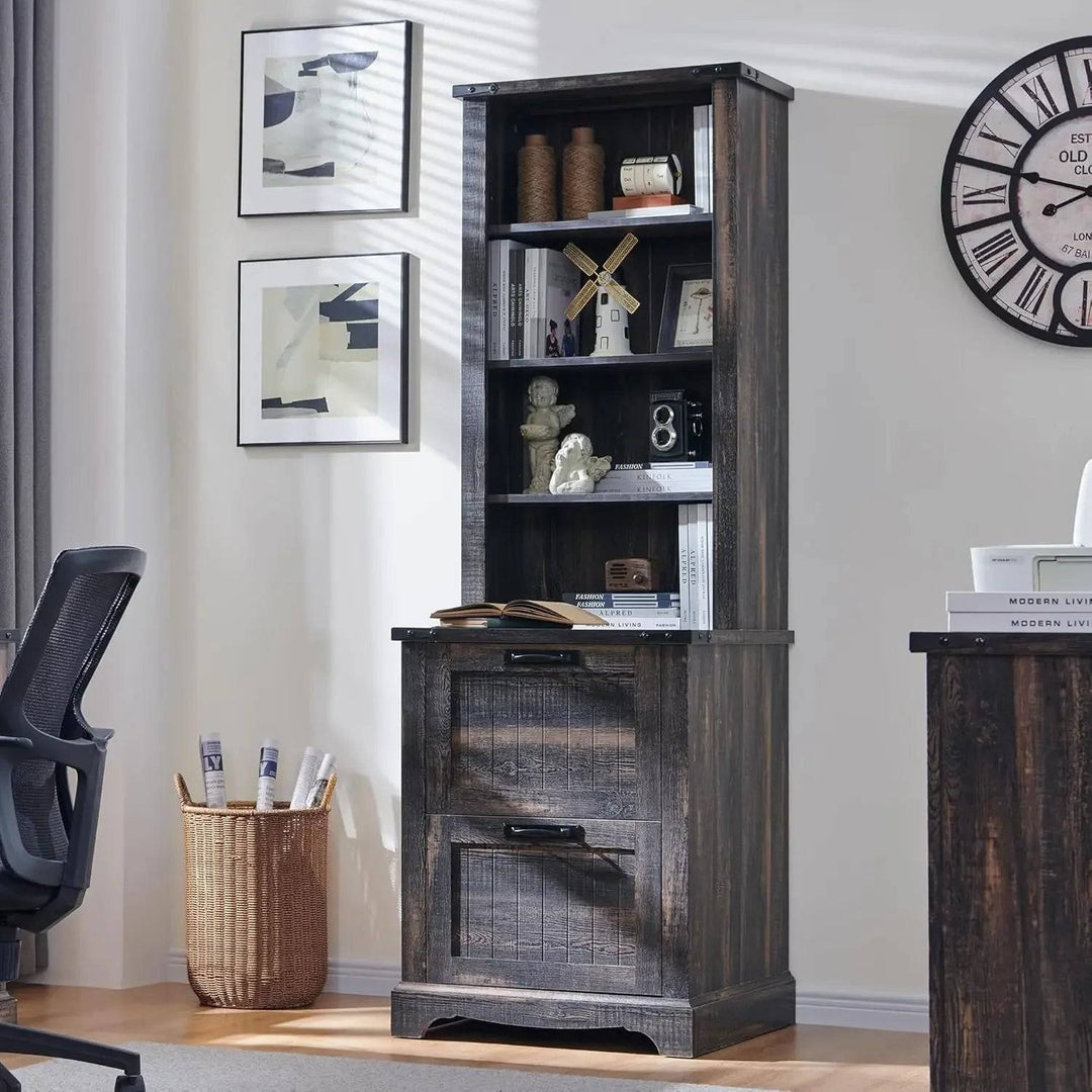 Farmhouse Style Rustic Bookcase with 2 File Drawers