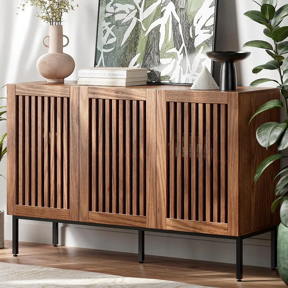 Farmhouse Buffet Cabinet with Metal Base and Adjustable Shelves