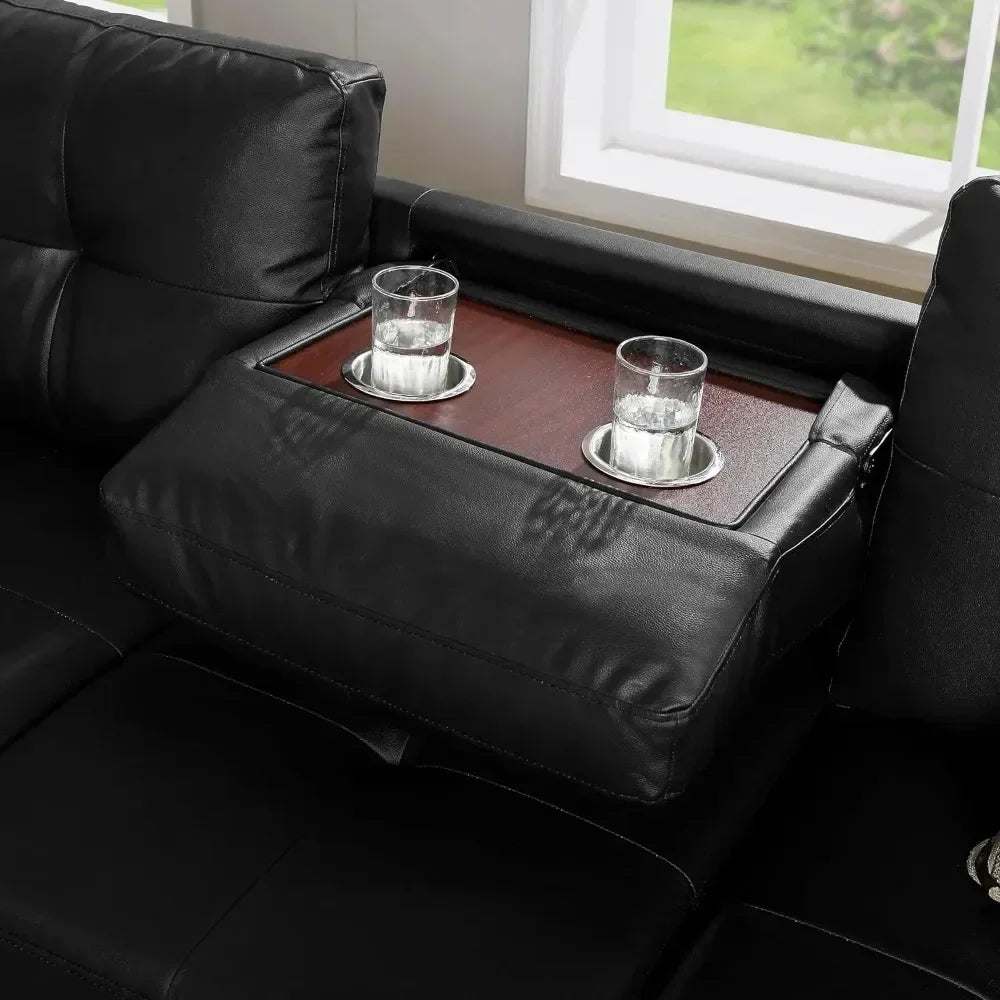 Black Leather L-Shaped Living Room Sofa