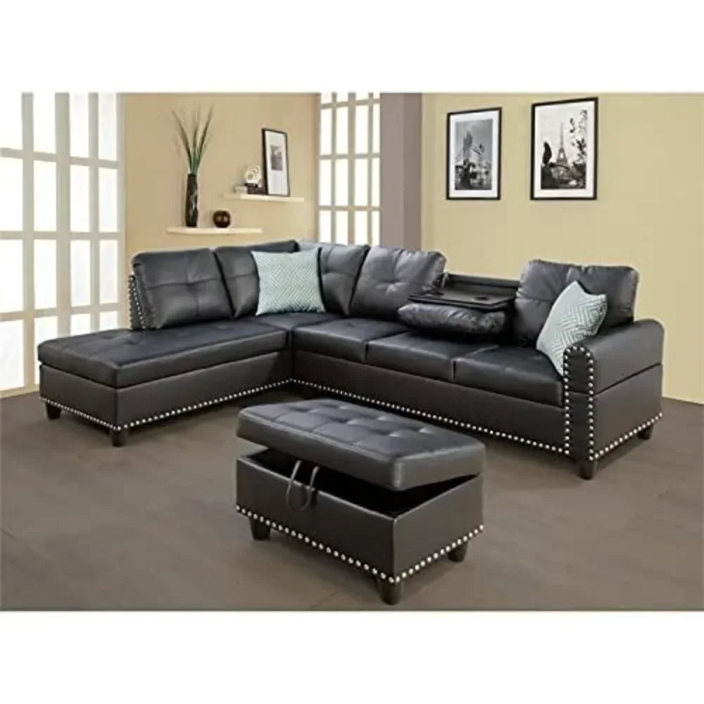 Black Leather L-Shaped Living Room Sofa
