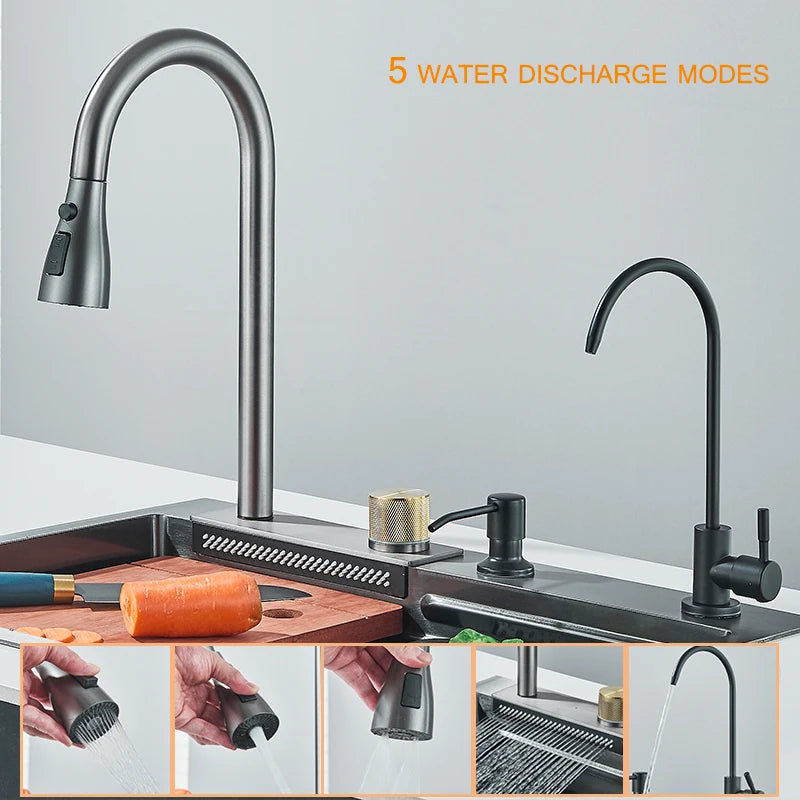 Stainless Steel Waterfall Kitchen Sink and Faucet