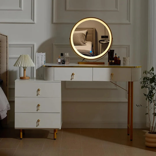 Modern Dressing Table with Circular Mirror and Storage Space