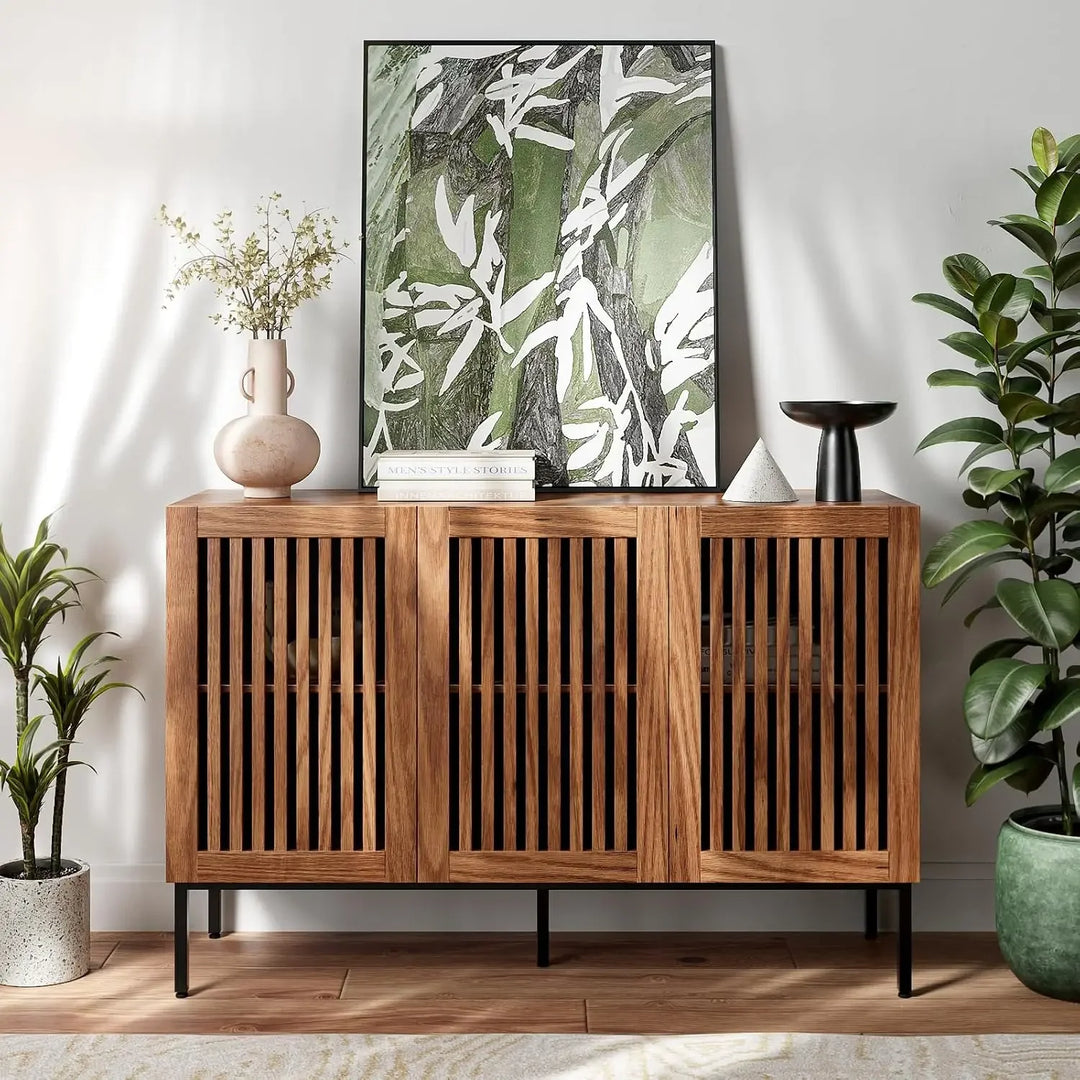 Farmhouse Buffet Cabinet with Metal Base and Adjustable Shelves