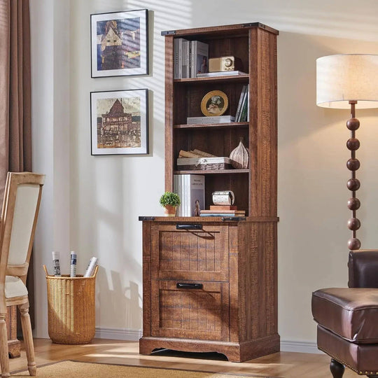Farmhouse Style Rustic Bookcase with 2 File Drawers