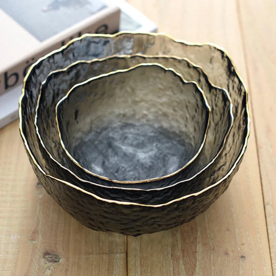 Japanese Style Iceberg Glass Bowl with Gold Rim