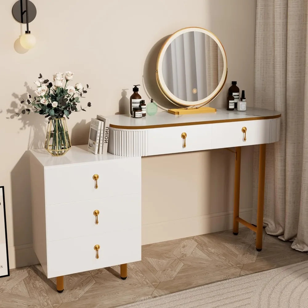 Modern Dressing Table with Circular Mirror and Storage Space