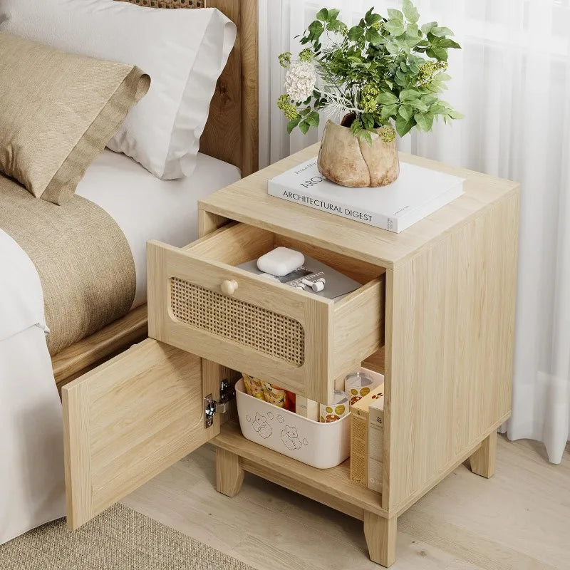 Modern Simple Pine Rattan Nightstand