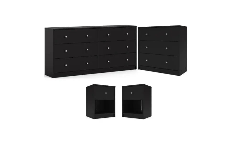 Wood 4pc Set of Chest Dresser and 2 Nightstands in Black