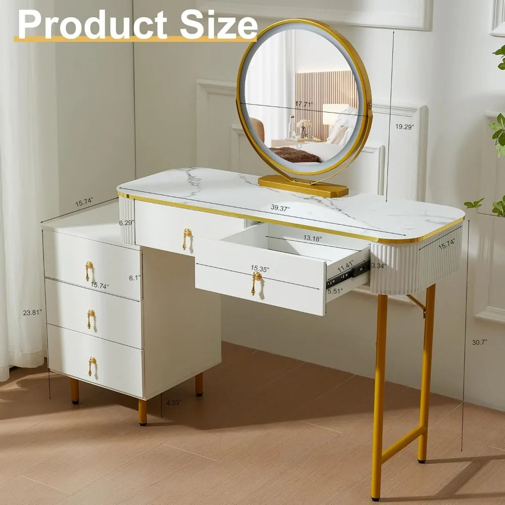 Modern Dressing Table with Circular Mirror and Storage Space