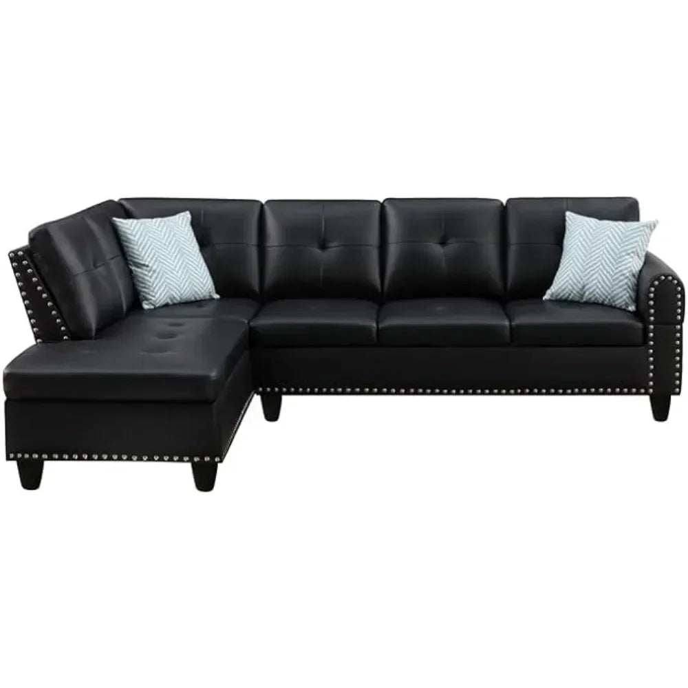 Black Leather L-Shaped Living Room Sofa