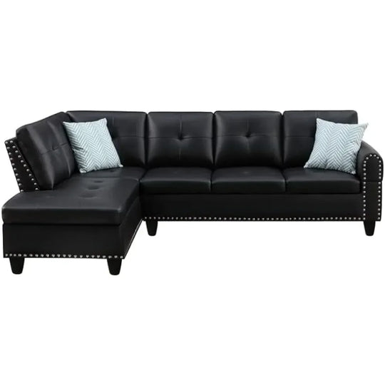 Black Leather L-Shaped Living Room Sofa