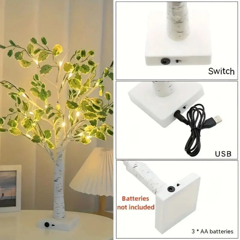 Green Leaf Artificial Birch Light, Battery Operated