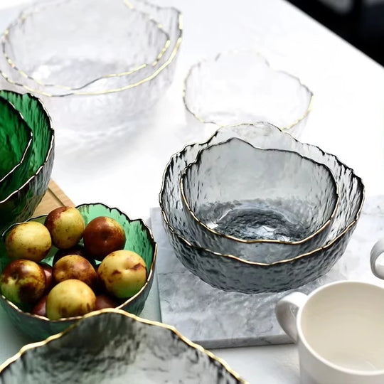 Japanese Style Iceberg Glass Bowl with Gold Rim