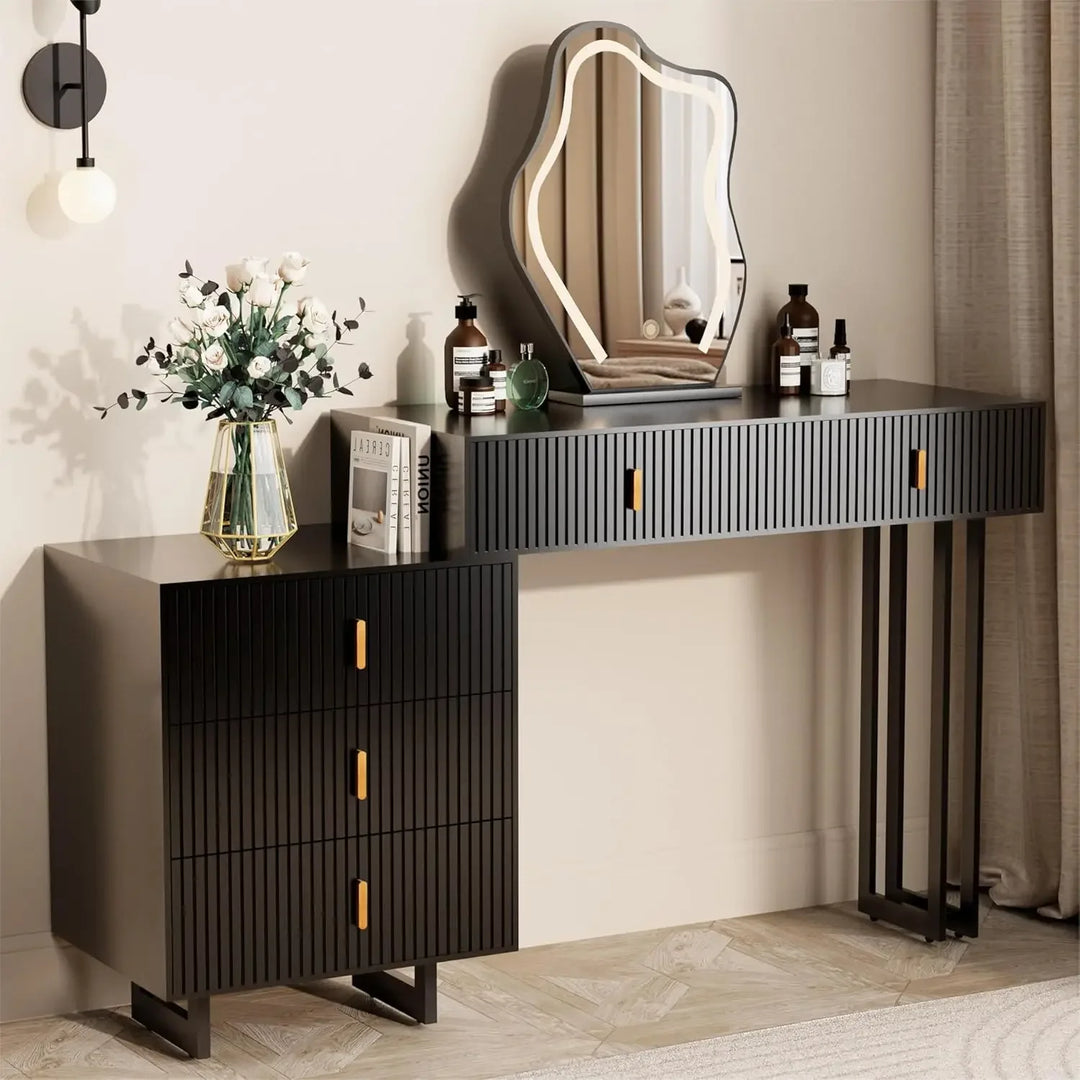 Modern Dressing Table with Circular Mirror and Storage Space