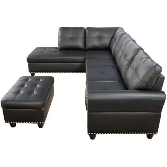 Black Leather L-Shaped Living Room Sofa