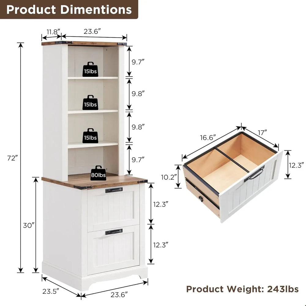 Farmhouse Style Rustic Bookcase with 2 File Drawers