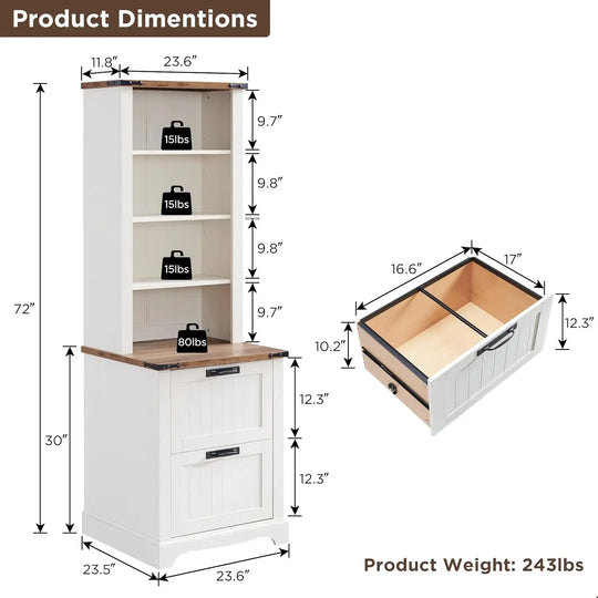 Farmhouse Style Rustic Bookcase with 2 File Drawers