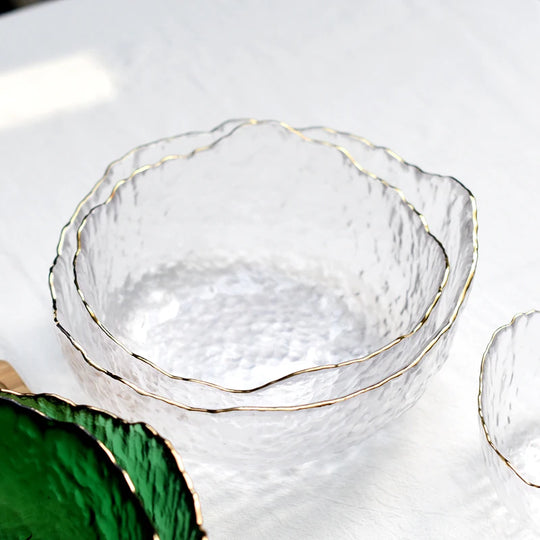 Japanese Style Iceberg Glass Bowl with Gold Rim
